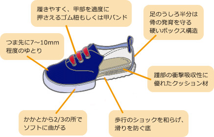 履きやすく、甲部を適度に押さえるゴム紐もしくは甲バンド　足のうしろ半分は骨の発育を守る硬いボックス構造　つま先に7～10mm程度のゆとり　踵部の衝撃吸収性に優れたクッション材　かかとから2/3の所でソフトに曲がる　歩行のショックを和らげ、滑りを防ぐ底