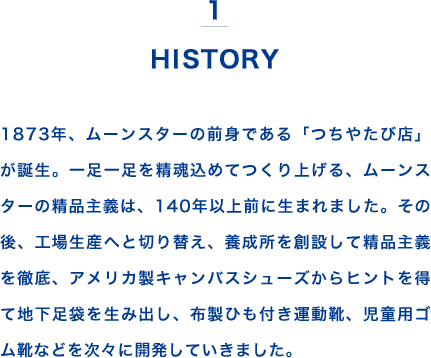 1 HISTORY 1873年、ムーンスターの前身である「つちやたび店」が誕生。一足一足を精魂込めてつくり上げる、ムーンスターの精品主義は、140年以上前に生まれました。その後、工場生産へと切り替え、養成所を創設して精品主義を徹底、アメリカ製キャンバスシューズからヒントを得て地下足袋を生み出し、布製ひも付き運動靴、児童用ゴム靴などを次々に開発していきました。